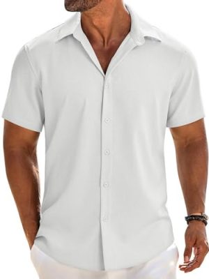 Mens Button Down Shirt Short Sleeve Casual Shirts Beach Summer Linen Shirts Wedding Vacation Shirt