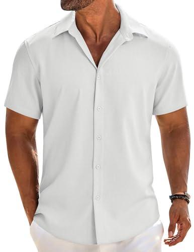 Mens Button Down Shirt Short Sleeve Casual Shirts Beach Summer Linen Shirts Wedding Vacation Shirt