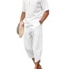 Men's 2 Pieces Linen Set Henley Shirt Short Sleeve and Harem Capri Pants Wide Leg Baggy Beach Yoga Trousers Outfits