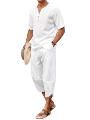 Men's 2 Pieces Linen Set Henley Shirt Short Sleeve and Harem Capri Pants Wide Leg Baggy Beach Yoga Trousers Outfits