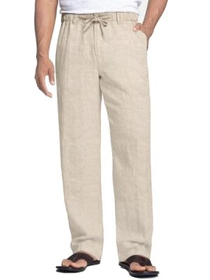 Men's Casual Linen Pants Elastic Waist Drawstring Beach Summer Pants Lightweight Linen Trousers