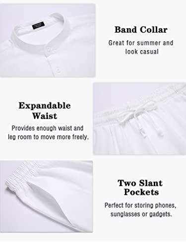Linen Sets For Men 2 Piece Button Down Shirt Long Sleeve and Casual Beach Drawstring Waist Shorts Summer Outfits