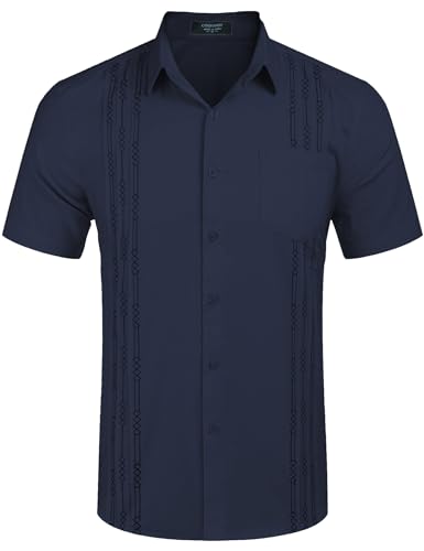 Mens Cuban Guayabera Shirt Short Sleeve Linen Button Down Shirts Casual Summer Beach Tops
