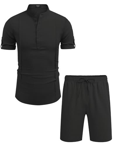 Men's 2 Pieces Linen Set Henley Shirt Short Sleeve and Shorts Summer Beach Yoga Matching Outfits