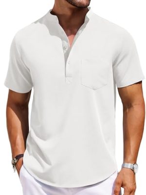 Mens Casual Henley Shirts Band Collar Short Sleeve T-Shirts Summer Stylish Beach Hippie Shirt