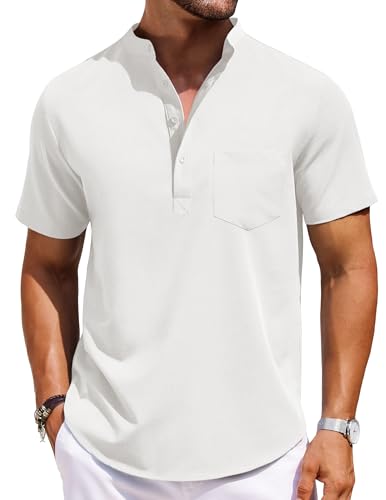 Mens Casual Henley Shirts Band Collar Short Sleeve T-Shirts Summer Stylish Beach Hippie Shirt