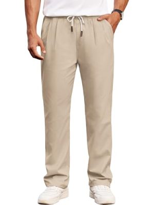 Men's Casual Chino Pants Relaxed Fit Drawstring Elastic Waist Lightweight Pant Twill Pleated Trousers