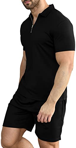 Mens Short Sleeve Casual Polo Shirt and Shorts Sets Two Piece Summer Outfits Zip Polo Tracksuit Set for Men S-XXL