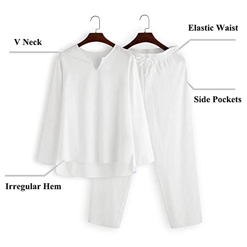 Men's 2 Pieces Cotton Linen Set Henley Shirt Long Sleeve and Casual Beach Pants Summer Yoga Outfits
