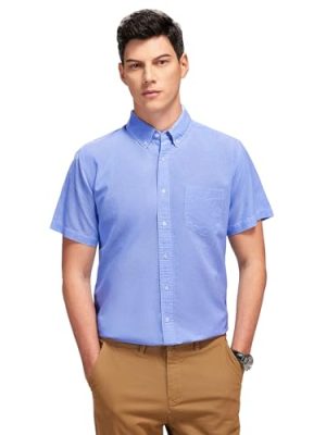 Men's Cotton Oxford Shirt Short Sleeve Button Down Business Casual with Chest Pocket for Gifts