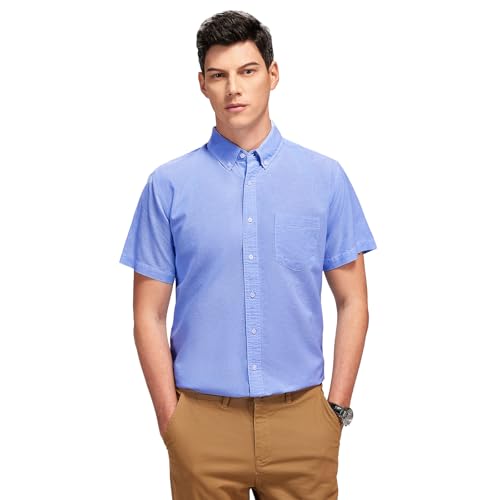 Men's Cotton Oxford Shirt Short Sleeve Button Down Business Casual with Chest Pocket for Gifts