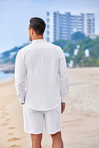 Linen Sets For Men 2 Piece Button Down Shirt Long Sleeve and Casual Beach Drawstring Waist Shorts Summer Outfits