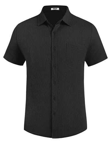 Mens Casual Button Down Shirt Short Sleeve Textured Shirt Summer Beach Vacation Shirts with Pocket