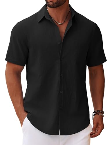 Men's Button Down Short Sleeve Shirt Casual Cotton Summer Beach Linen Wedding Shirts with Pocket