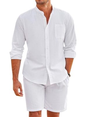 Linen Sets For Men 2 Piece Button Down Shirt Long Sleeve and Casual Beach Drawstring Waist Shorts Summer Outfits