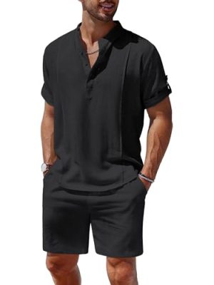 Men's 2 Pieces Linen Set Henley Shirt Short Sleeve and Shorts Summer Beach Yoga Matching Outfits