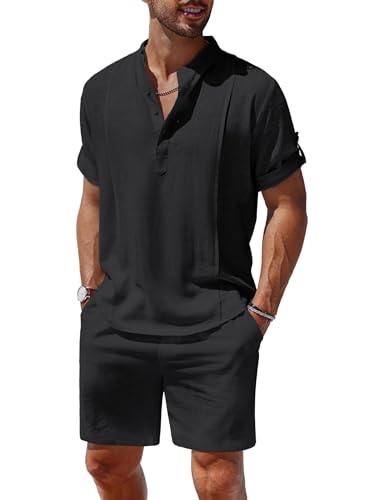 Men's 2 Pieces Linen Set Henley Shirt Short Sleeve and Shorts Summer Beach Yoga Matching Outfits