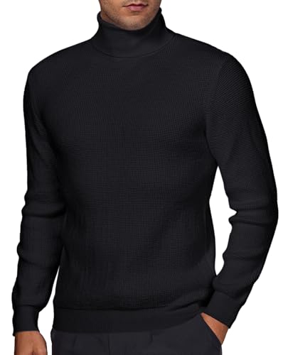 Mens Turtleneck Sweater Waffle Knit Long Sleeve Pullover Sweaters Solid Thermal Casual Pullovers