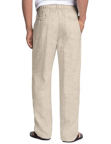 Men's Casual Linen Pants Elastic Waist Drawstring Beach Summer Pants Lightweight Linen Trousers