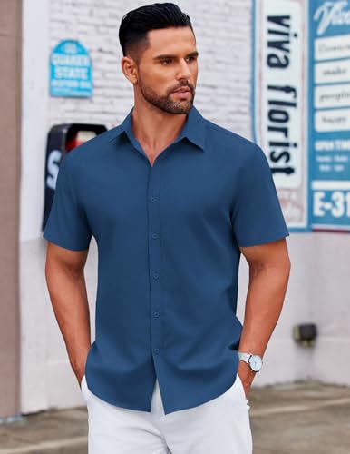 41-BjXncWlL.jpg Men's Casual Dress Shirt Short Sleeve Button Down Shirts Summer Wedding Untucked Shirt