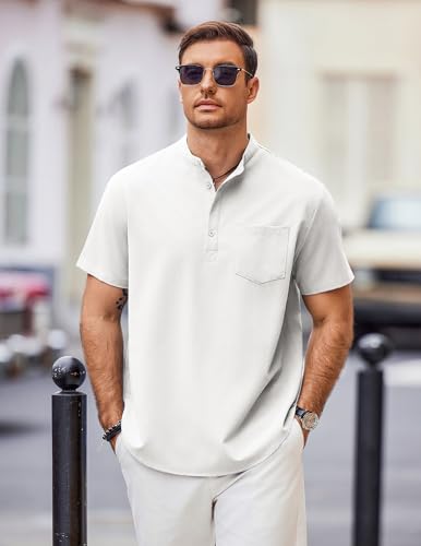 Mens Casual Henley Shirts Band Collar Short Sleeve T-Shirts Summer Stylish Beach Hippie Shirt