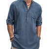 4106N6ZaGL.jpg Men's Linen Henley Shirts Long Sleeve Collarless T-Shirts Longline Kurta Beach Shirts with Pocket