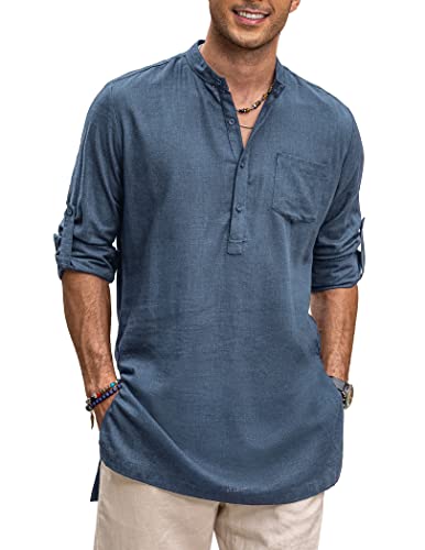 4106N6ZaGL.jpg Men's Linen Henley Shirts Long Sleeve Collarless T-Shirts Longline Kurta Beach Shirts with Pocket