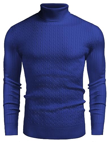 Men's Slim Fit Turtleneck Sweater Casual Twist Patterned Pullover Knitted Sweater Royal Blue