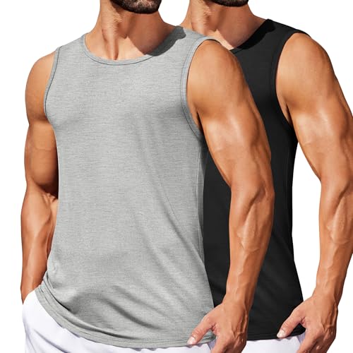 4122H7HailL.jpg COOFANDY Mens Casual Tank Tops Moisture Wicking Muscle Sleeveless Shirts Soft Bamboo Viscose Tank Shirt 2 Pack