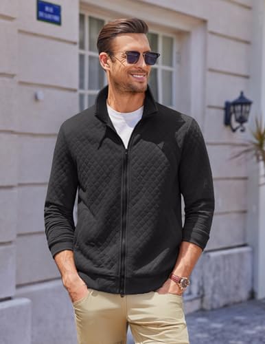 Mens Zip Up Sweatshirt Mock Neck Quilted Jacket Casual Lightweight Sweater Jackets with Pocket