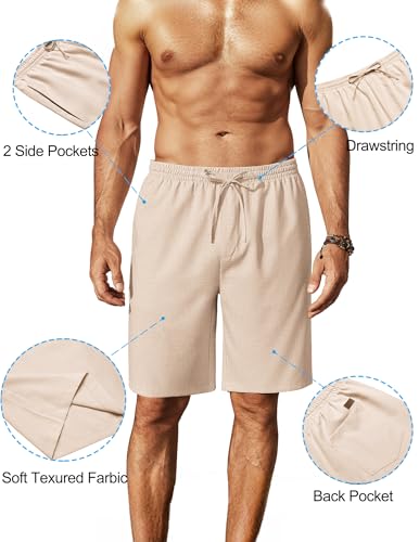 Mens Linen Shorts 9" Elastic Waist Drawstring Casual Shorts Lightweight Summer Beach Shorts