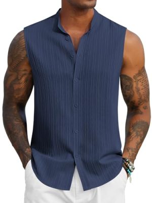 Mens Sleeveless Summer Shirts Beach Tank Tops Button Up Textured Tank Shirt for Vacation