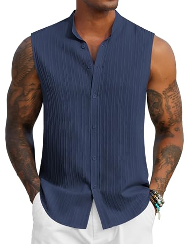 Mens Sleeveless Summer Shirts Beach Tank Tops Button Up Textured Tank Shirt for Vacation