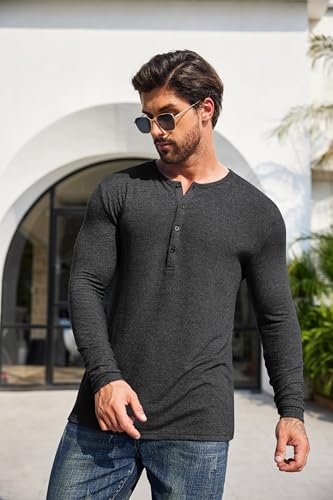 Men's 2Pack Slim Fit Henley Shirts Long Sleeve Lightweight Fashion Casual Cotton Basic T Shirts