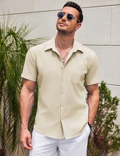 Men's Casual Short Sleeve Button Down Summer Beach Shirt Lightweight Textured Wrinkle Free Untucked Shirts