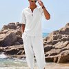 Men's 2 Pieces Linen Set Henley Shirt Short Sleeve and Harem Capri Pants Wide Leg Baggy Beach Yoga Trousers Outfits
