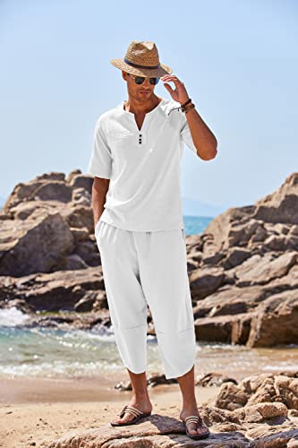 Men's 2 Pieces Linen Set Henley Shirt Short Sleeve and Harem Capri Pants Wide Leg Baggy Beach Yoga Trousers Outfits