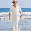 Men's 2 Pieces Cotton Linen Set Henley Shirt Long Sleeve and Casual Beach Pants Summer Yoga Outfits
