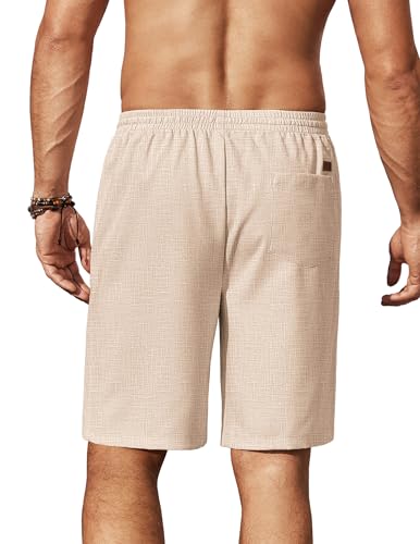 Mens Linen Shorts 9" Elastic Waist Drawstring Casual Shorts Lightweight Summer Beach Shorts