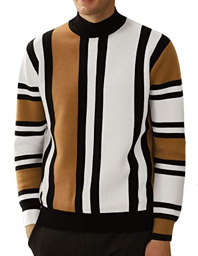 Mens Mock Turtleneck Sweater Vintage Striped Pullover Sweater Fashion Jumper Sweater