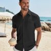 Mens Casual Button Down Shirt Short Sleeve Textured Shirt Summer Beach Vacation Shirts with Pocket