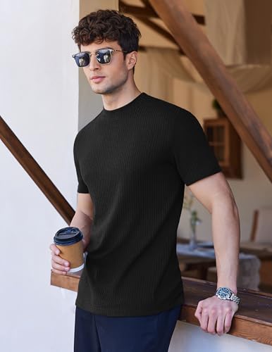 Mens Mock Turtleneck Short Sleeve Knit T Shirts Slim Fit Basic Thermal Tops Lightweight Tee S-XXXL
