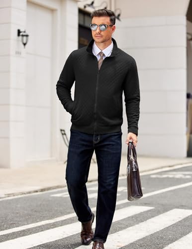 Mens Zip Up Sweatshirt Mock Neck Quilted Jacket Casual Lightweight Sweater Jackets with Pocket