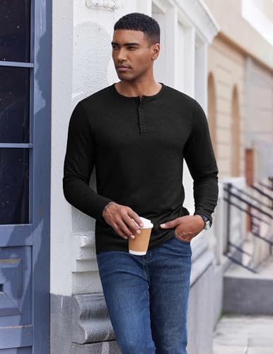 Mens Henley Shirt Long Sleeve Casual Stretch Solid T-Shirts Fashion Pullover Lightweight Fall Tops