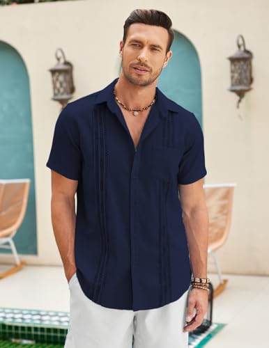 Mens Cuban Guayabera Shirt Short Sleeve Linen Button Down Shirts Casual Summer Beach Tops