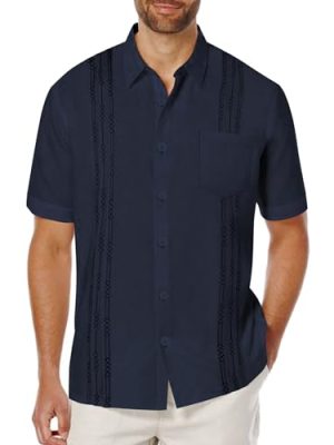 Mens Cuban Guayabera Shirt Short Sleeve Linen Button Down Shirts Casual Summer Beach Tops