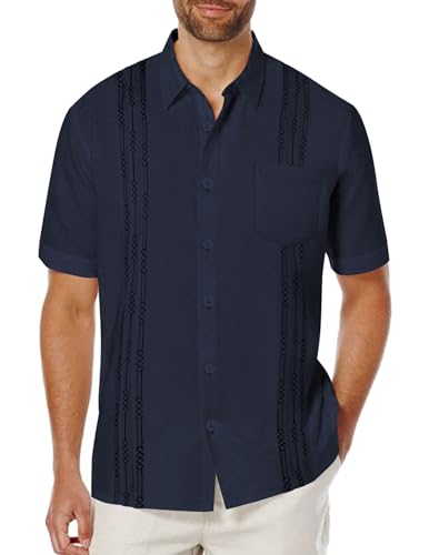 Mens Cuban Guayabera Shirt Short Sleeve Linen Button Down Shirts Casual Summer Beach Tops