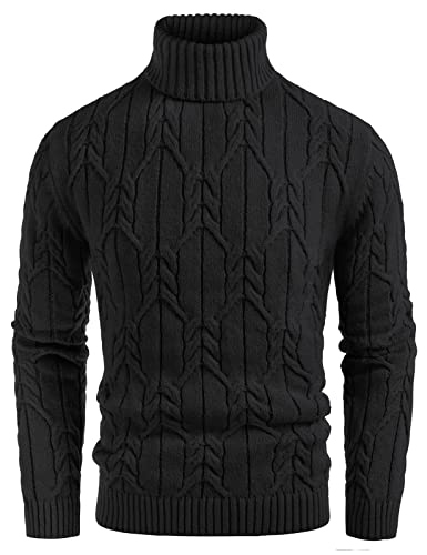 Men's Turtleneck Pullover Sweaters Long Sleeve Solid Twisted Cable Knit Sweater