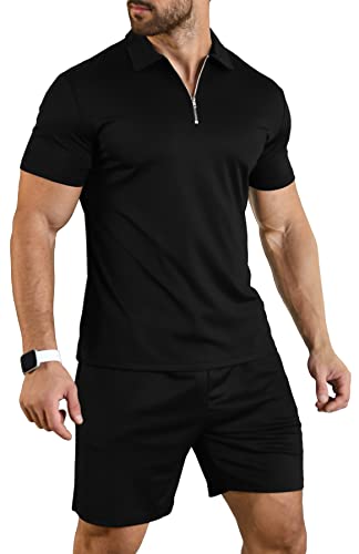 Mens Short Sleeve Casual Polo Shirt and Shorts Sets Two Piece Summer Outfits Zip Polo Tracksuit Set for Men S-XXL