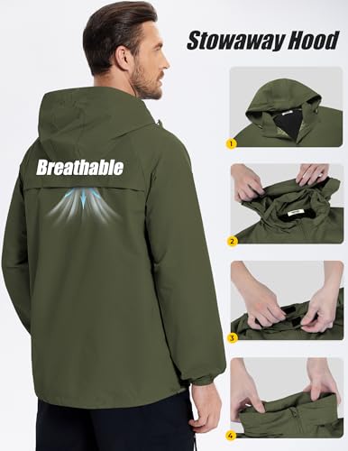 Mens Rain Jacket Lightweight Waterproof Raincoat Packable Rain Shell Jacket With Hood Golf Hiking Windbreaker